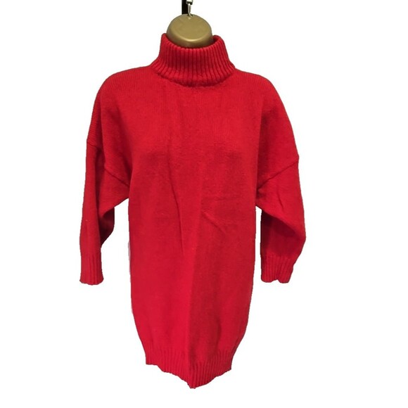 Vtg Cherry Red Shetland Wool Sweater Womens OS Mock Funnel Neck Long Fisherman - Picture 1 of 6
